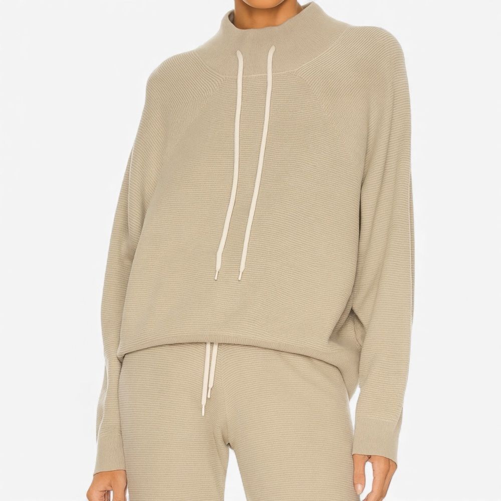 Varley Maceo 2.0 Cowl Neck Sweatshirt Beige Ribbed Knit S Elevated Athleisure